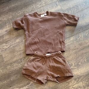 Brown Ribbed Knit Top and Shorts Set